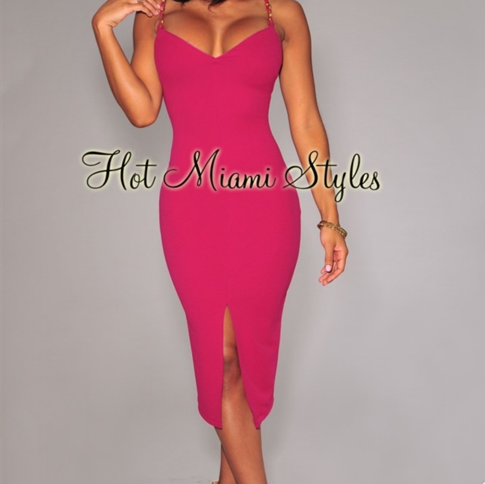 Hot Miami Styles Fuchsia Midi Bodycon Dress with Front Slit